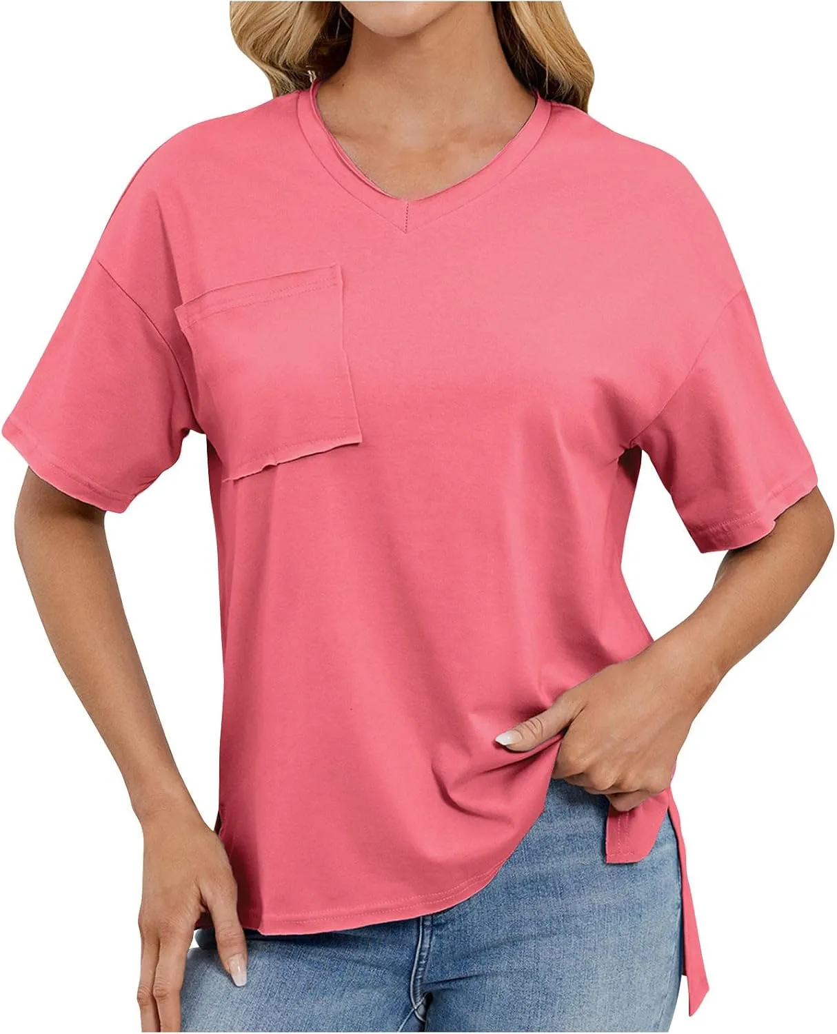 Women T Shirts Oversized Short Sleeve V Neck 2025 Summer Casual Loose Tops Basic Tee Shirts Outfits with Pockets