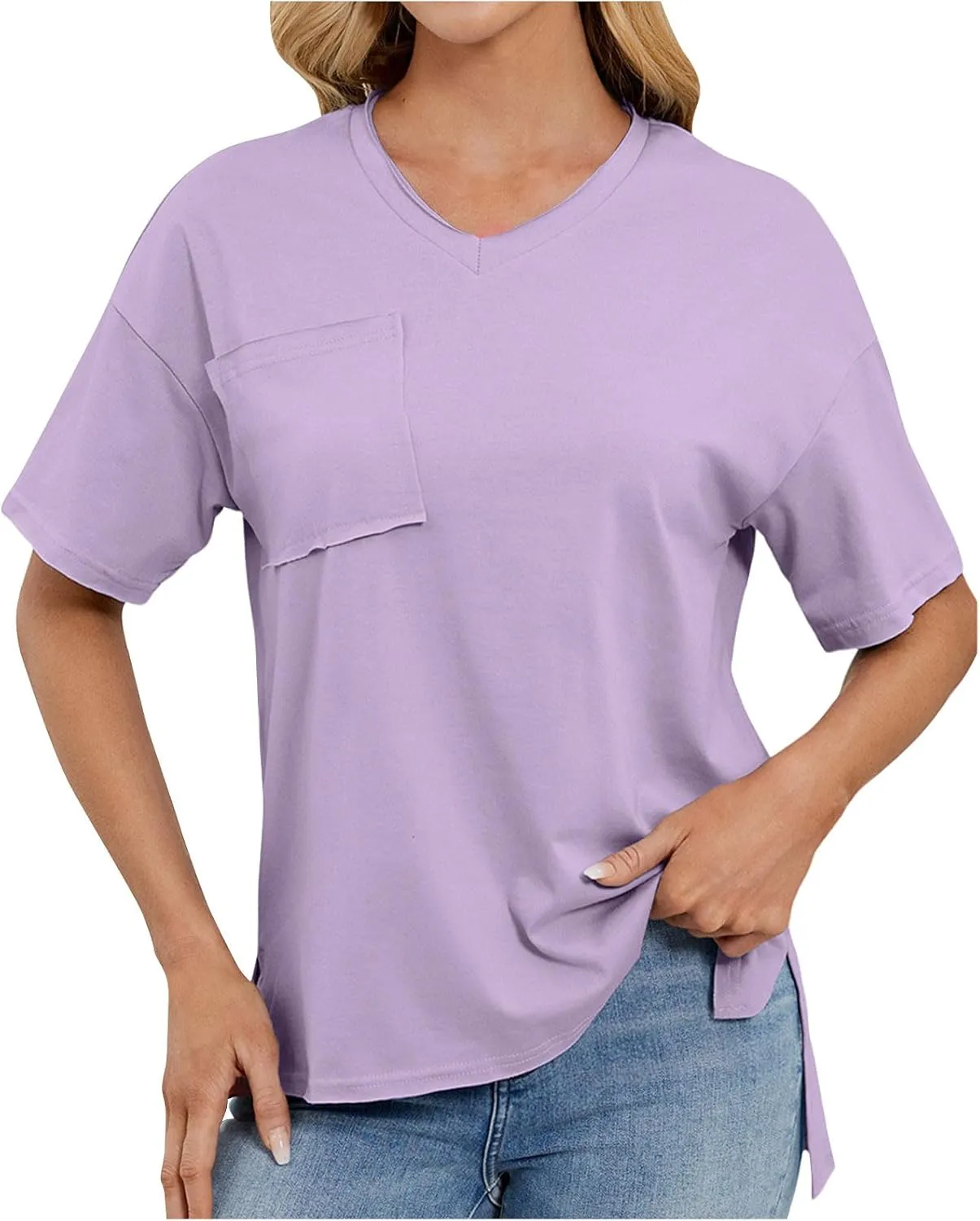 Women T Shirts Oversized Short Sleeve V Neck 2025 Summer Casual Loose Tops Basic Tee Shirts Outfits with Pockets