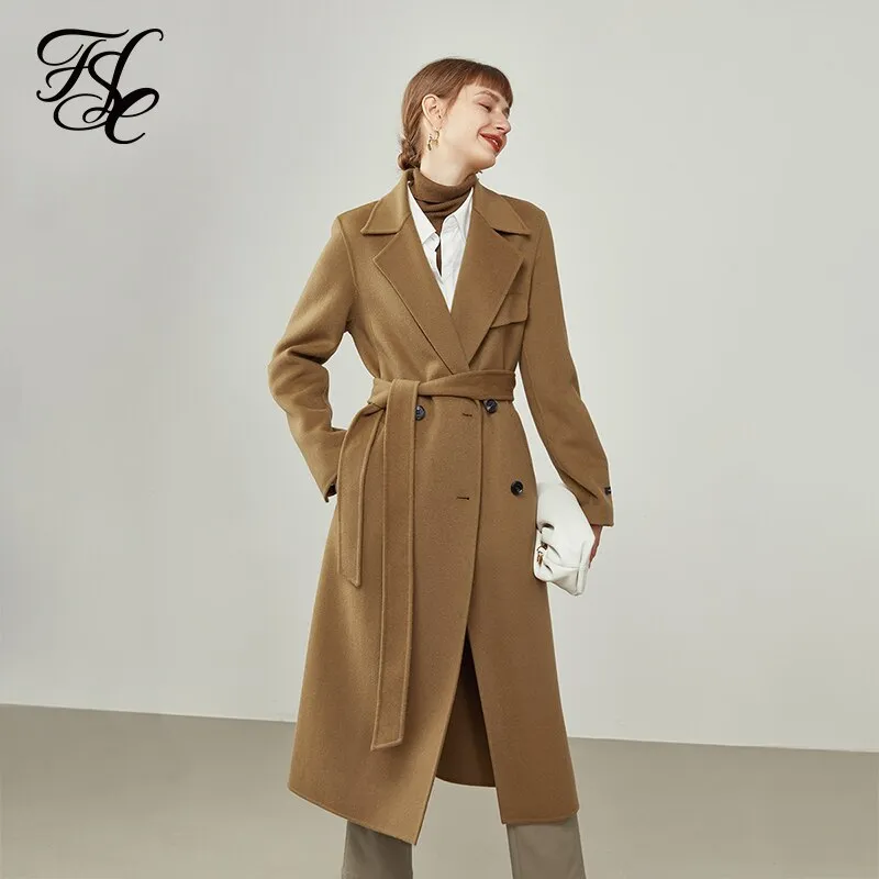 Women&#39;s Mid-length Double-faced Woolen Coat Temperament Suit Collar Design Women Winter Light Tan Slim Cashmere Coats
