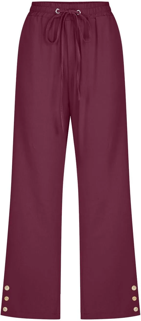 Women's Capris Pants High Waist Drawstring Comfy Cropped Pants Lightweight Casual Joggers Buttons Trim with Pocket