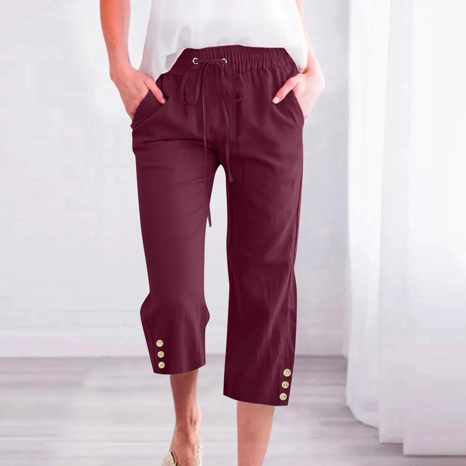 Women's Capris Pants High Waist Drawstring Comfy Cropped Pants Lightweight Casual Joggers Buttons Trim with Pocket