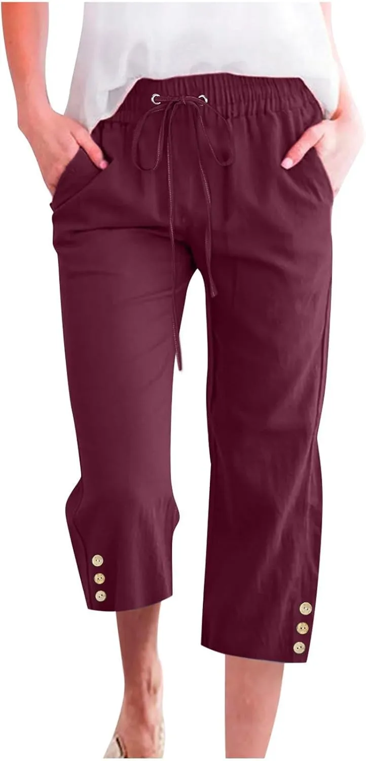 Women's Capris Pants High Waist Drawstring Comfy Cropped Pants Lightweight Casual Joggers Buttons Trim with Pocket
