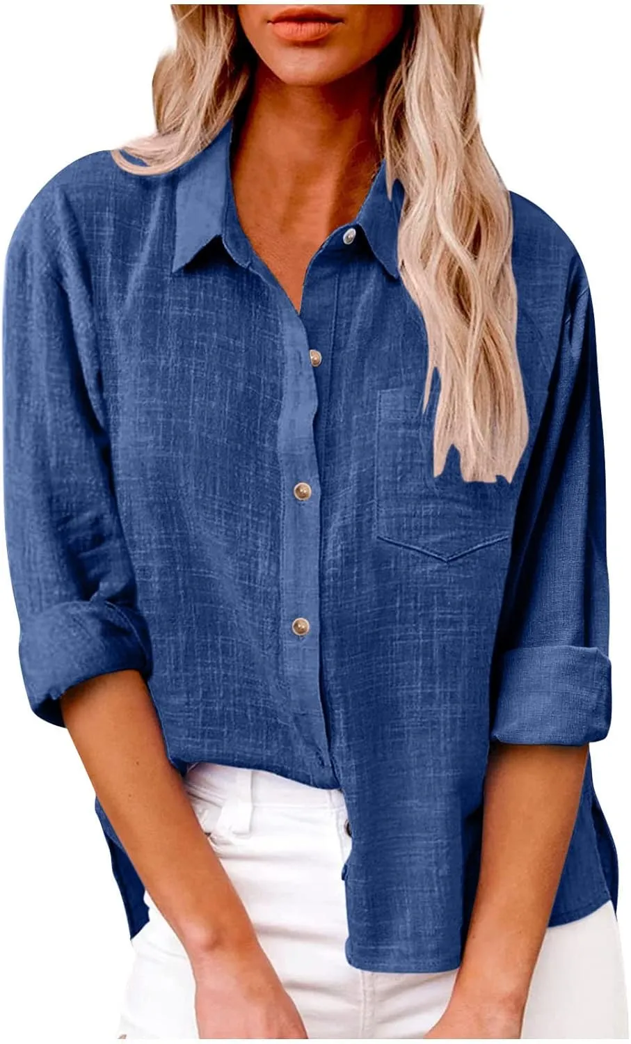 Womens Cotton Linen Button Down Shirts Long Sleeve Collared Gauze Blouses Business Casual Tshirts Loose Summer Tops