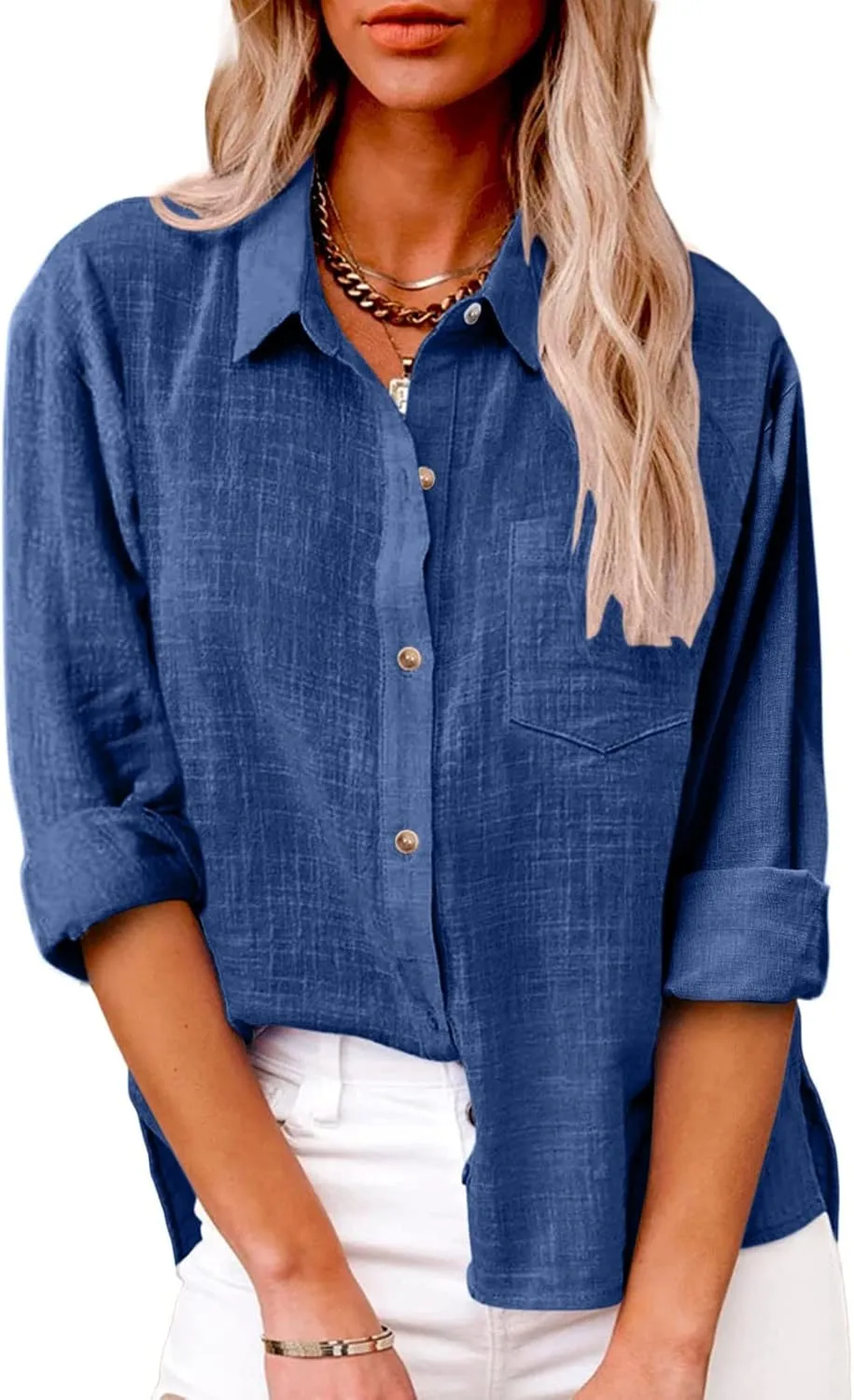 Womens Cotton Linen Button Down Shirts Long Sleeve Collared Gauze Blouses Business Casual Tshirts Loose Summer Tops