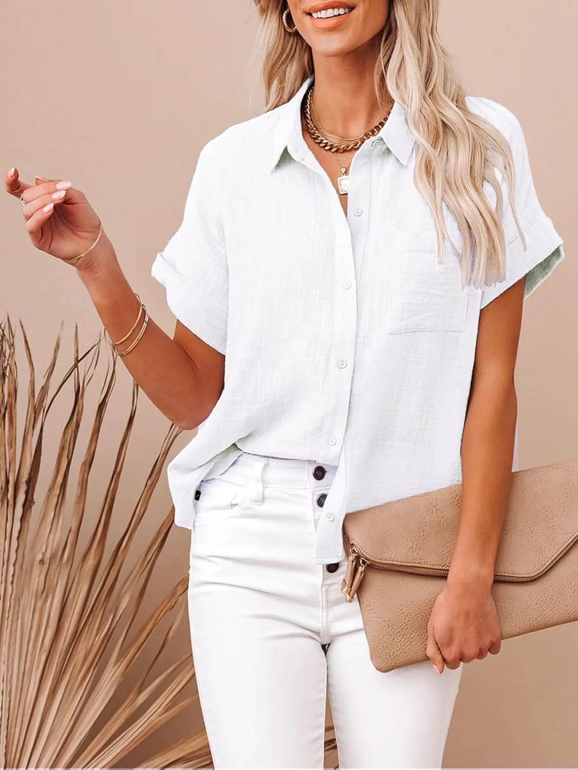 Womens Cotton Linen Button Down Shirts Short Sleeve Dress Shirts Casual Summer Tops Blouses with Pockets