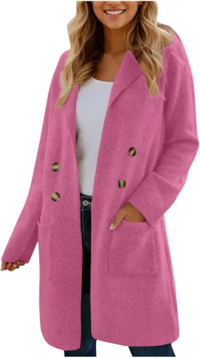 Women's Double Breasted Trench Coats Notch Lapel Midi Long Wool Pea Coat Warm Winter Jackets Overcoat with Pockets