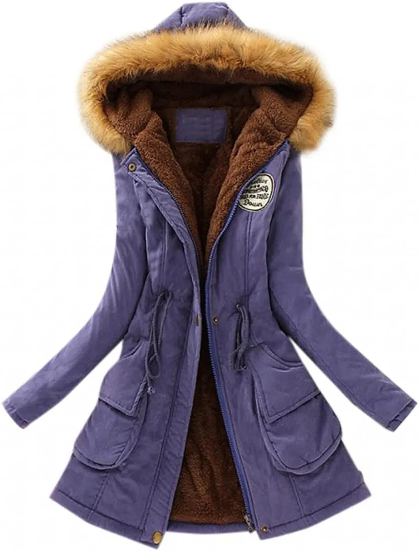 Women's Parka Warm Long Coat 2024 Winter Faux Fur Collar Hooded Tunic Jacket Coat Drawstring Pockets