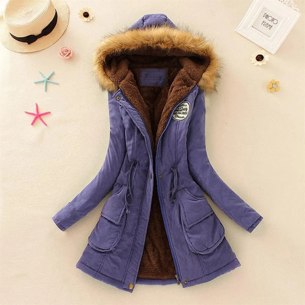 Women's Parka Warm Long Coat 2024 Winter Faux Fur Collar Hooded Tunic Jacket Coat Drawstring Pockets