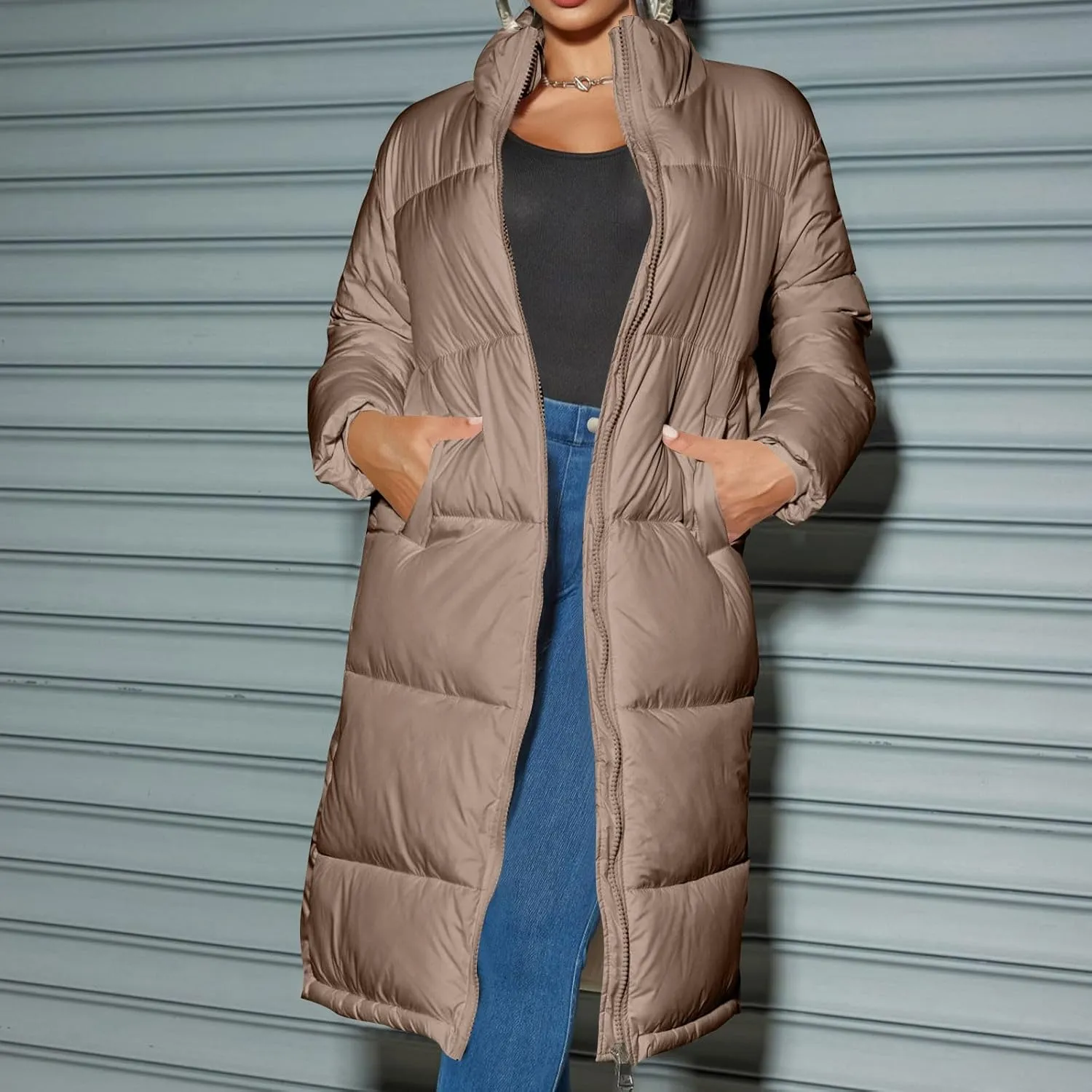 Women's Puffer Coats Winter Long Down Jackets Hooded Zip Up Casual Thicken Outdoor Windproof Trendy Warm Clothes Outerwear