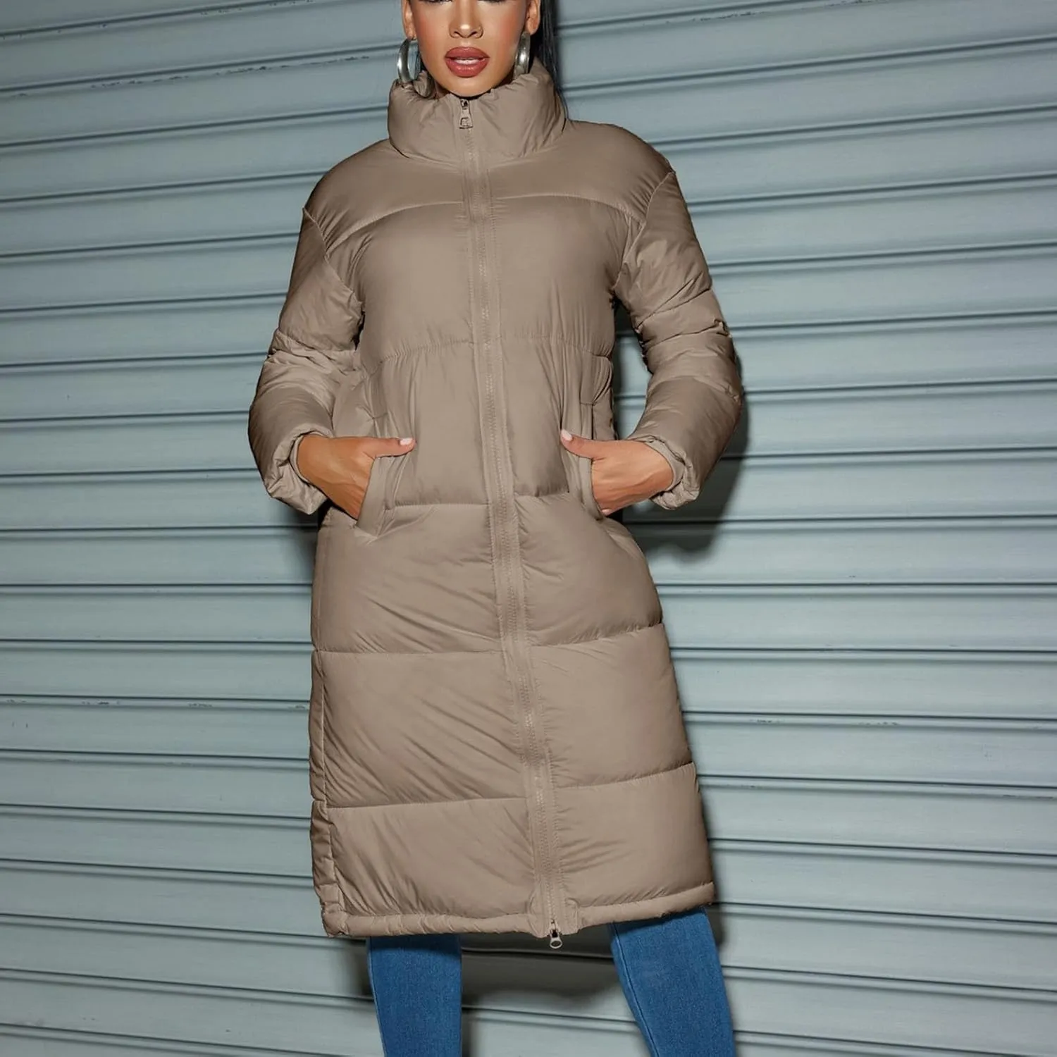 Women's Puffer Coats Winter Long Down Jackets Hooded Zip Up Casual Thicken Outdoor Windproof Trendy Warm Clothes Outerwear