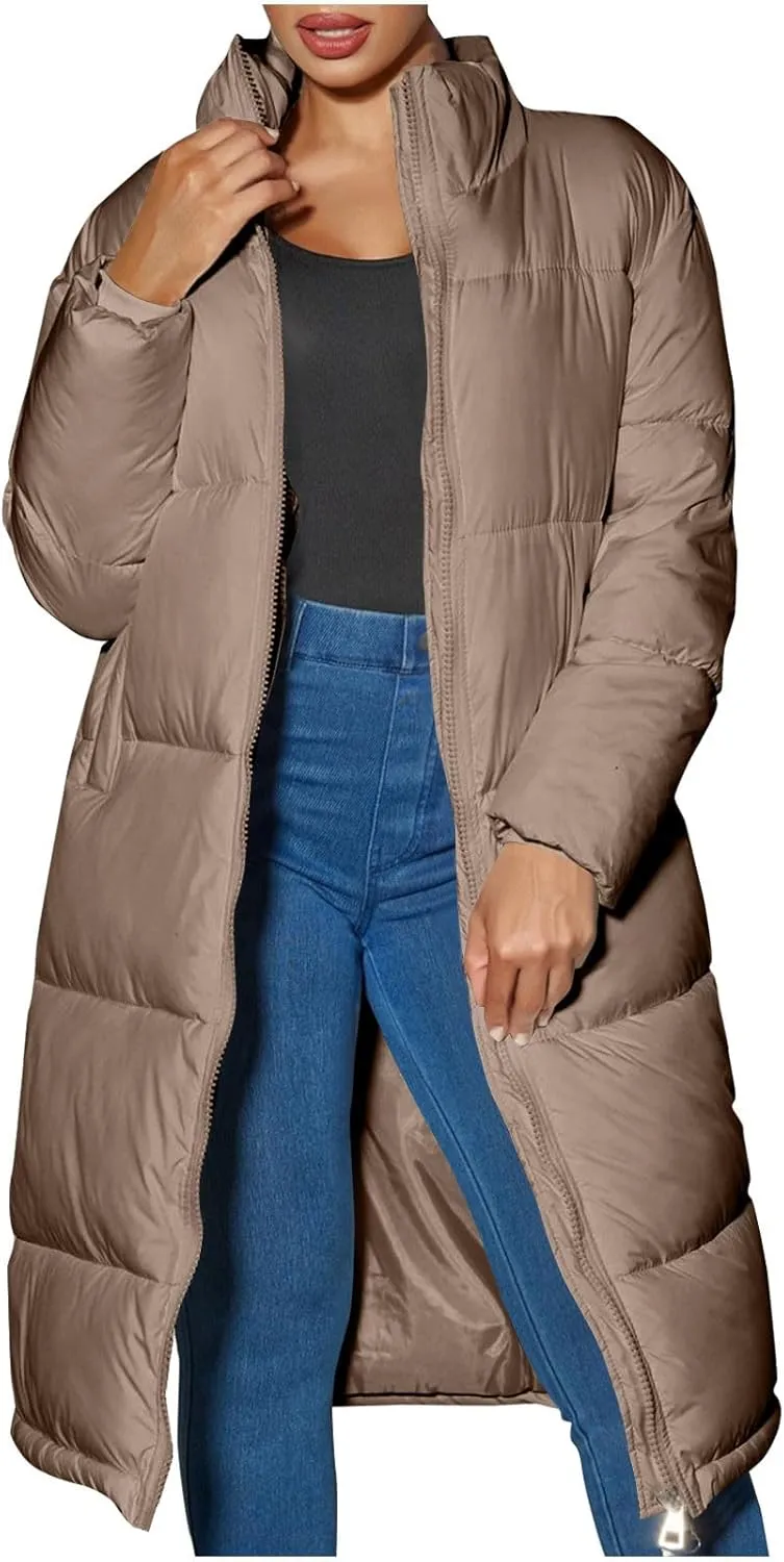 Women's Puffer Coats Winter Long Down Jackets Hooded Zip Up Casual Thicken Outdoor Windproof Trendy Warm Clothes Outerwear