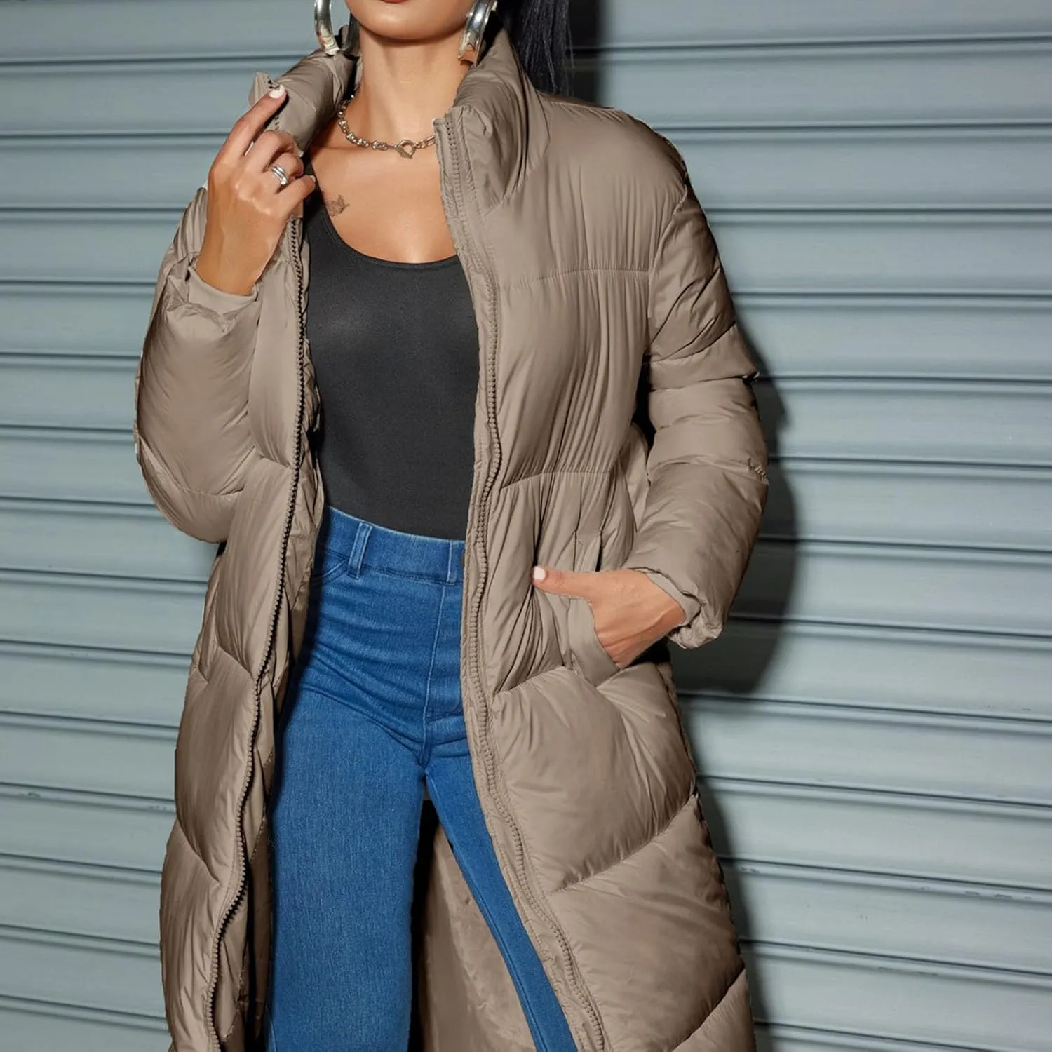 Women's Puffer Coats Winter Long Down Jackets Hooded Zip Up Casual Thicken Outdoor Windproof Trendy Warm Clothes Outerwear