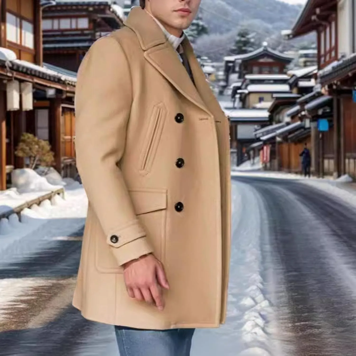 Xiaojmake Men's Double Breasted Peacoat Wool Blend Winter Warm Short Trench Coat Classic Notched Collar Business Overcoat