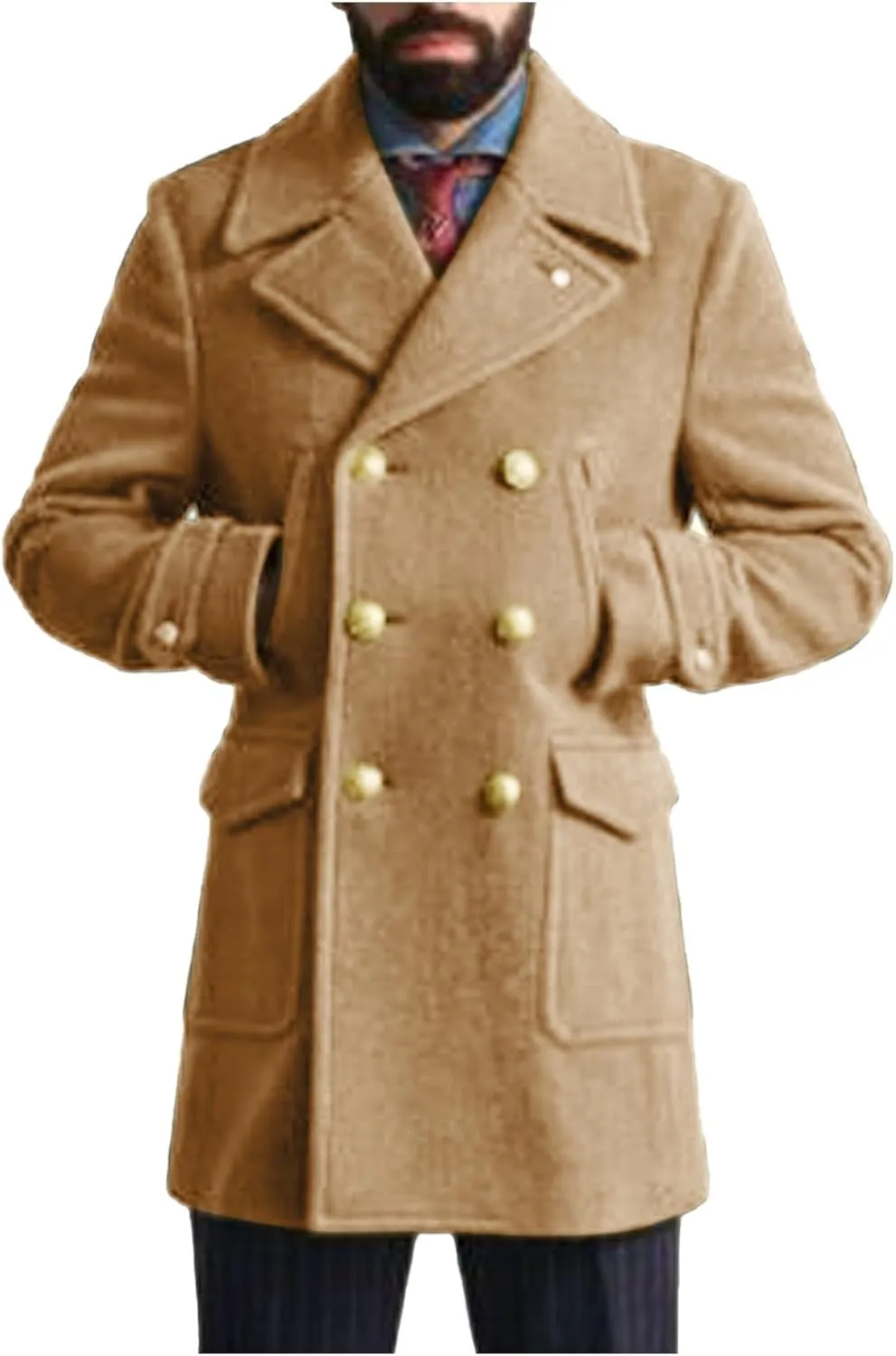 Xiaojmake Men's Double Breasted Peacoat Wool Blend Winter Warm Short Trench Coat Classic Notched Collar Business Overcoat