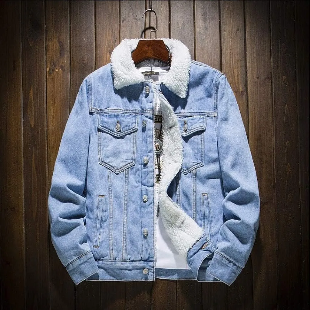 Ymosrh Men's Fashion Jacket Trendy Sherpa Lined Denim Jackets Fleece Warm Winter Work Trucker Coats Work Jacket, S-6XL